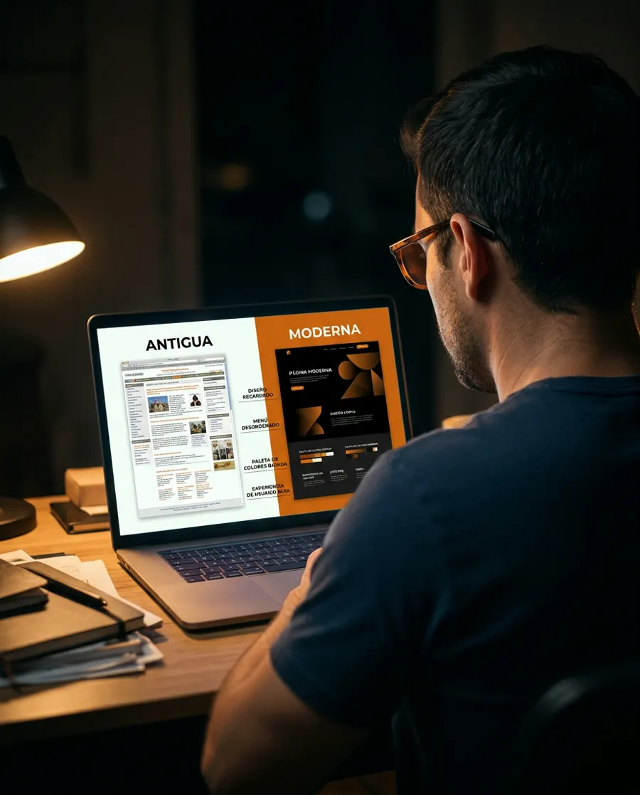 Dueño de un negocio comparando una web antigua y una web nueva en el portátil