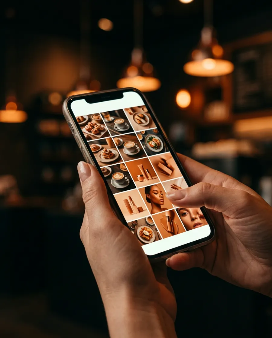 Manos sosteniendo un móvil con un feed de fotos de un negocio
