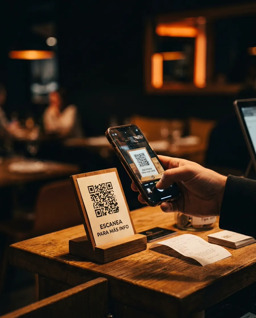 Cliente escaneando un código QR en el mostrador tras pagar