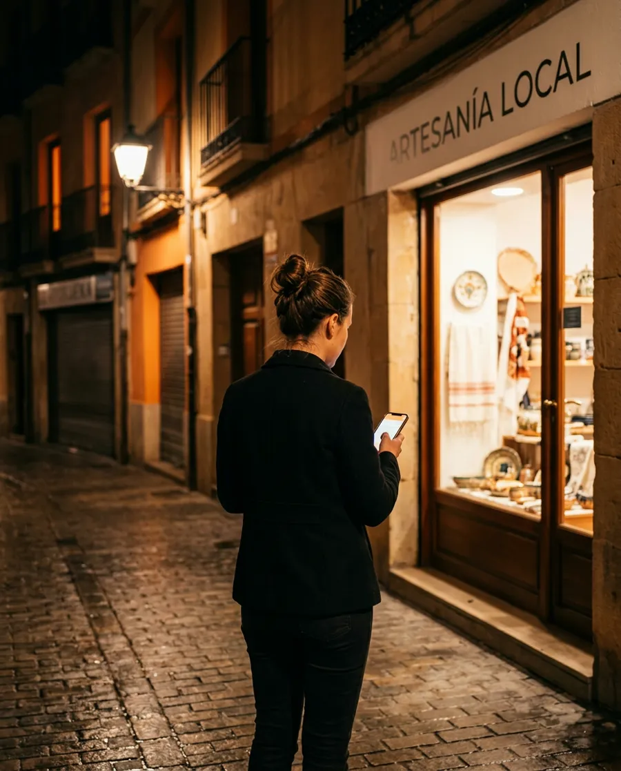 Dueña de un negocio mirando su móvil frente a su local de noche